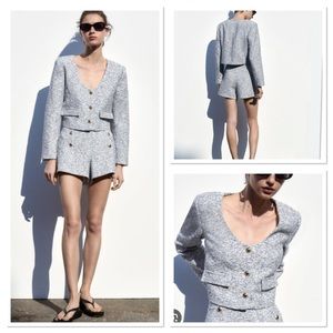 Zara Round Neck Textured Gold Button Blazer Jacket Sz:M NWT